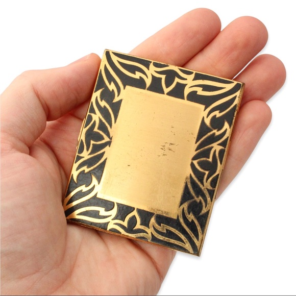 Vintage Elgin American Makeup Powder Compact Case Mirror Black Enamel Gold Tone - Picture 9 of 9